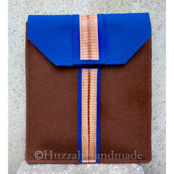 Blue and Brown Felt and Leather IPad Case