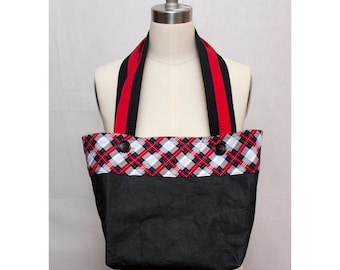 Sustainable Faux Leather Market Tote in Red and Black Plaid