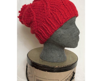 Bright Red Sparkly Slouch Hat with Pom Pom