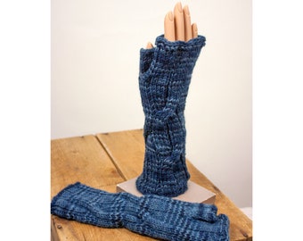 Deep Blue Cabled Fingerless Gloves