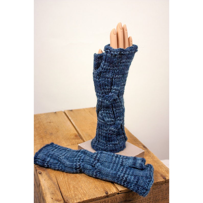 Deep Blue Cabled Fingerless Gloves image 1