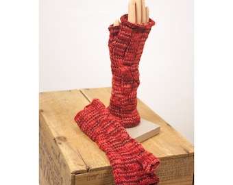 Deep Red Cabled Fingerless Gloves