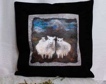Pillow Cover Three Sheep From an Original Felted Painting