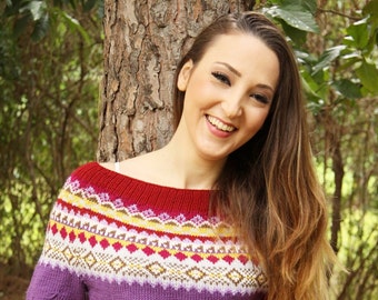Fair Isle Yoke Pullover Knitting Pattern, Butterfly Stitch (PDF Pattern)
