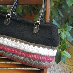 Knitted felted handbag black fair isle bordure, wool hand bag, black imitation leather handles, fair isle bordure, bag feet image 1