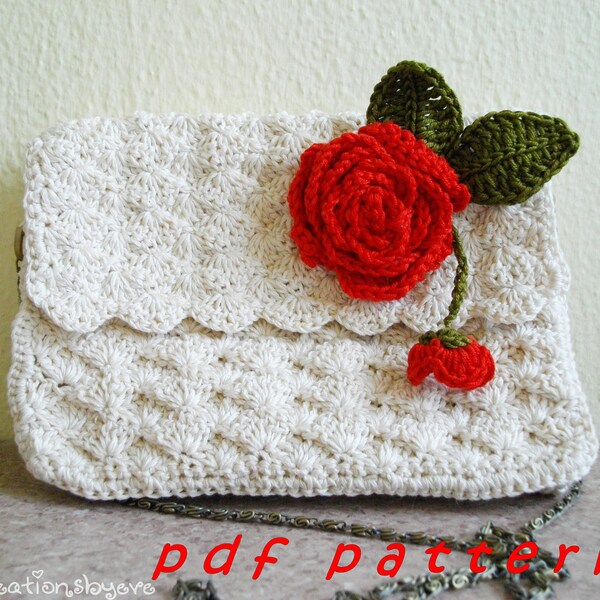 Ecru crochet purse with rose embellishment PDF pattern