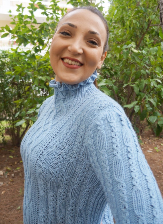 Cable Knit Light Blue Turtleneck Jumper Azure Cropped Cable Knit