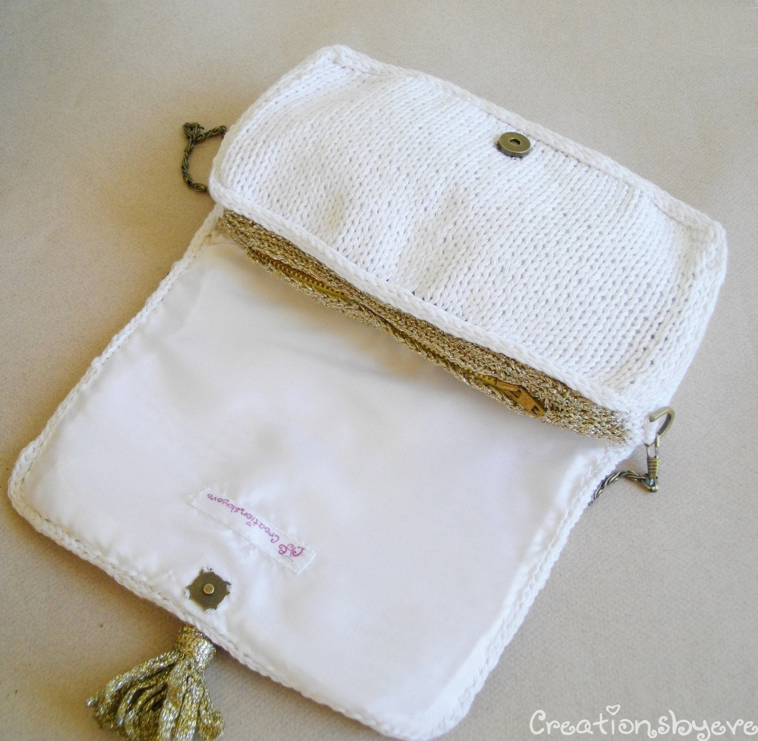 White Cabled Clutch With Gold Tassel Etsy