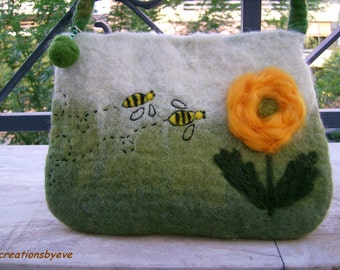 Floral felted bag with wasps, green grass, orange, off white, black, yellow, seamless handbag, merino wool, silk,