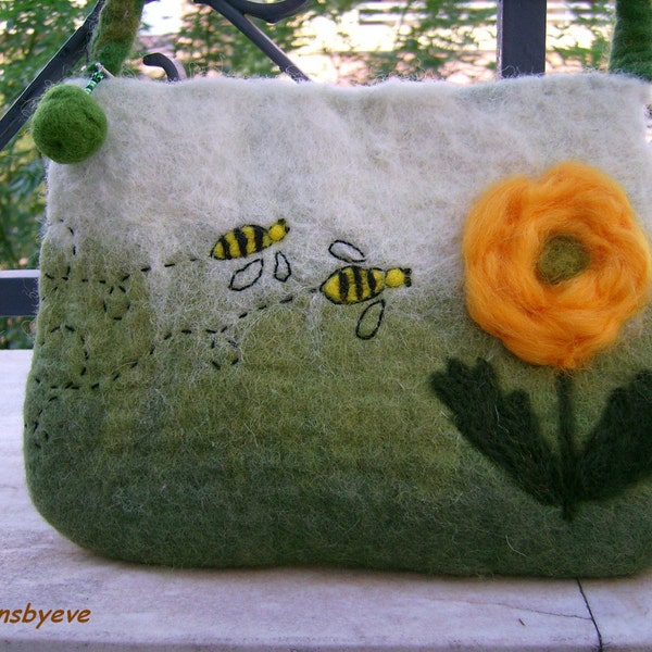 Floral felted bag with wasps, green grass, orange, off white, black, yellow, seamless handbag, merino wool, silk,