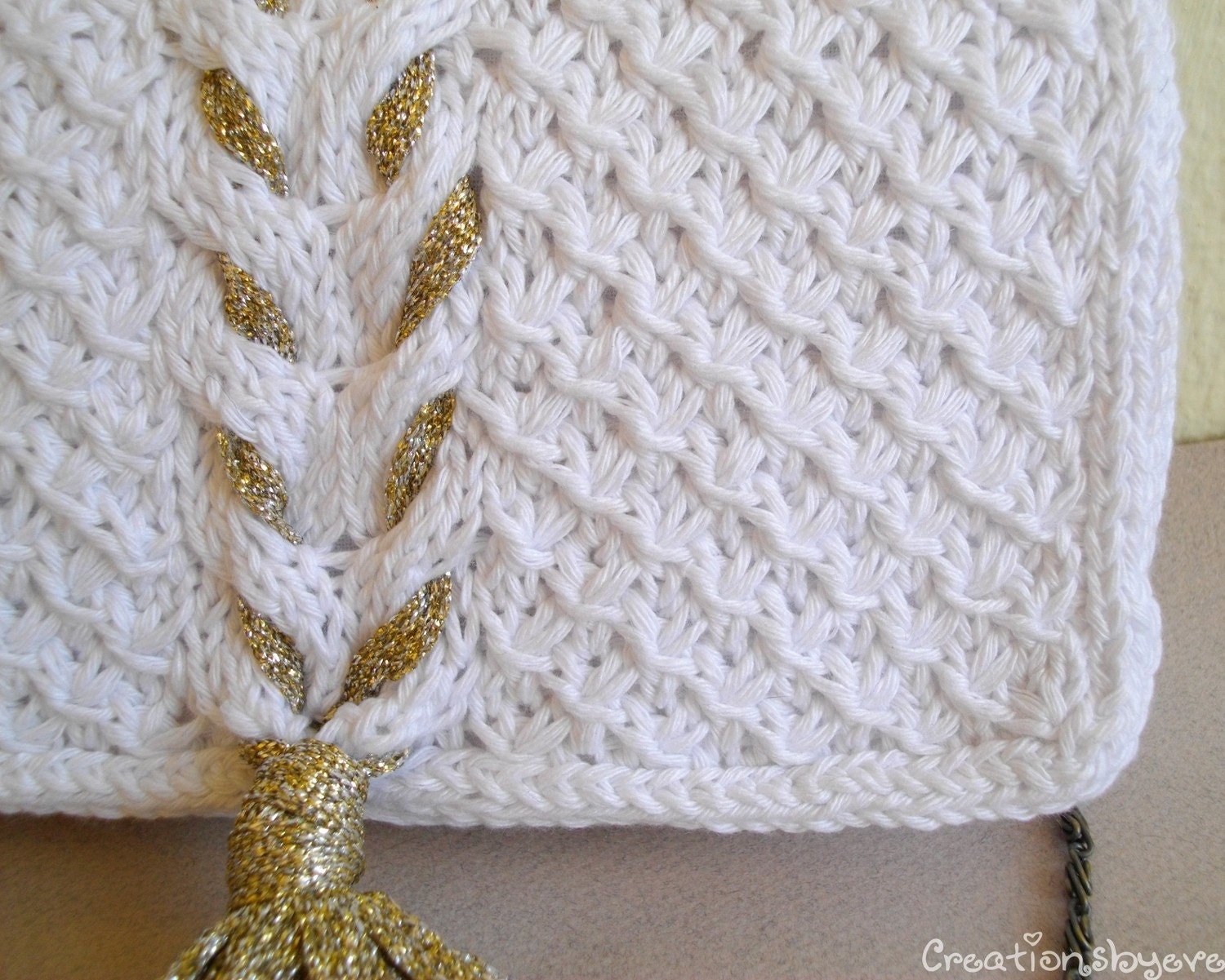 White Cabled Clutch With Gold Tassel Etsy