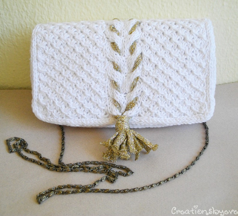 White Cabled Clutch With Gold Tassel Etsy