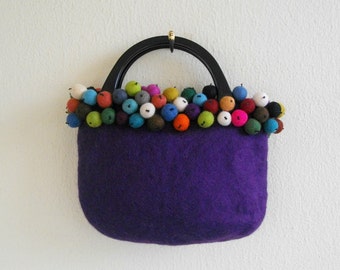 Purple felt bag with colourful felt beads, wool hand bag, funky, multicolor,  blue, green, orange, black, yellow, brown, by creationsbyeve