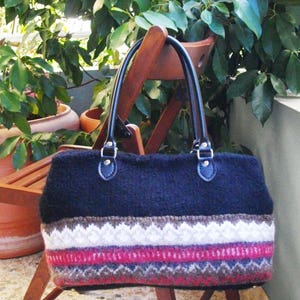 Knitted felted handbag black fair isle bordure, wool hand bag, black imitation leather handles, fair isle bordure, bag feet image 2