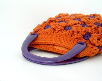 Small crochet bag, orange tangerine, purple, daisy flower patterned, texture, purple resin handle, square, nature inspired, boho, funky