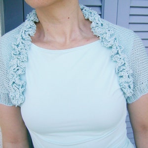 Aqua blue shrug, hand knitted bolero, wedding, shoulder warmer, ruffle, romanitc, cotton, short sleeves, summer, by creationsbyeve