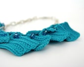 Geometric necklace turquoise cotton crochet squares with metal chain and beads