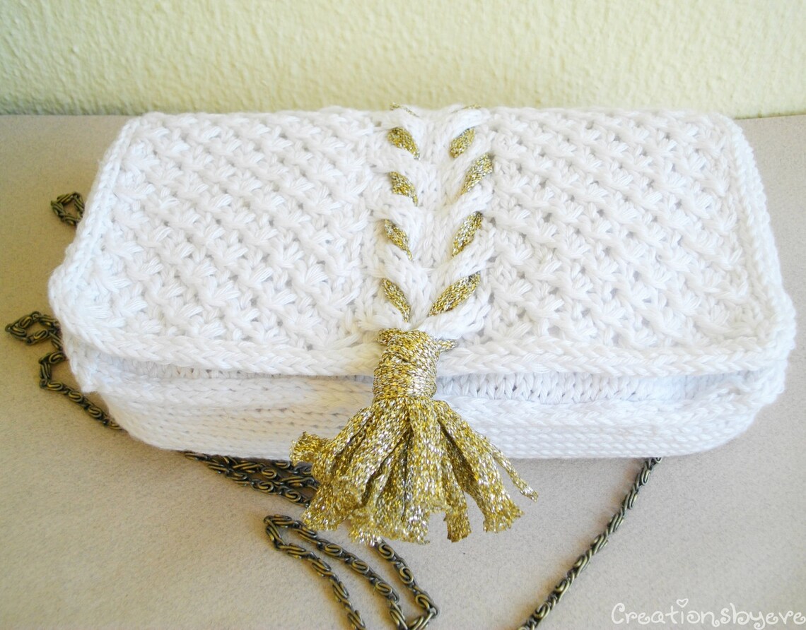 White Knit Clutch With Golden Tassel PDF Pattern Etsy