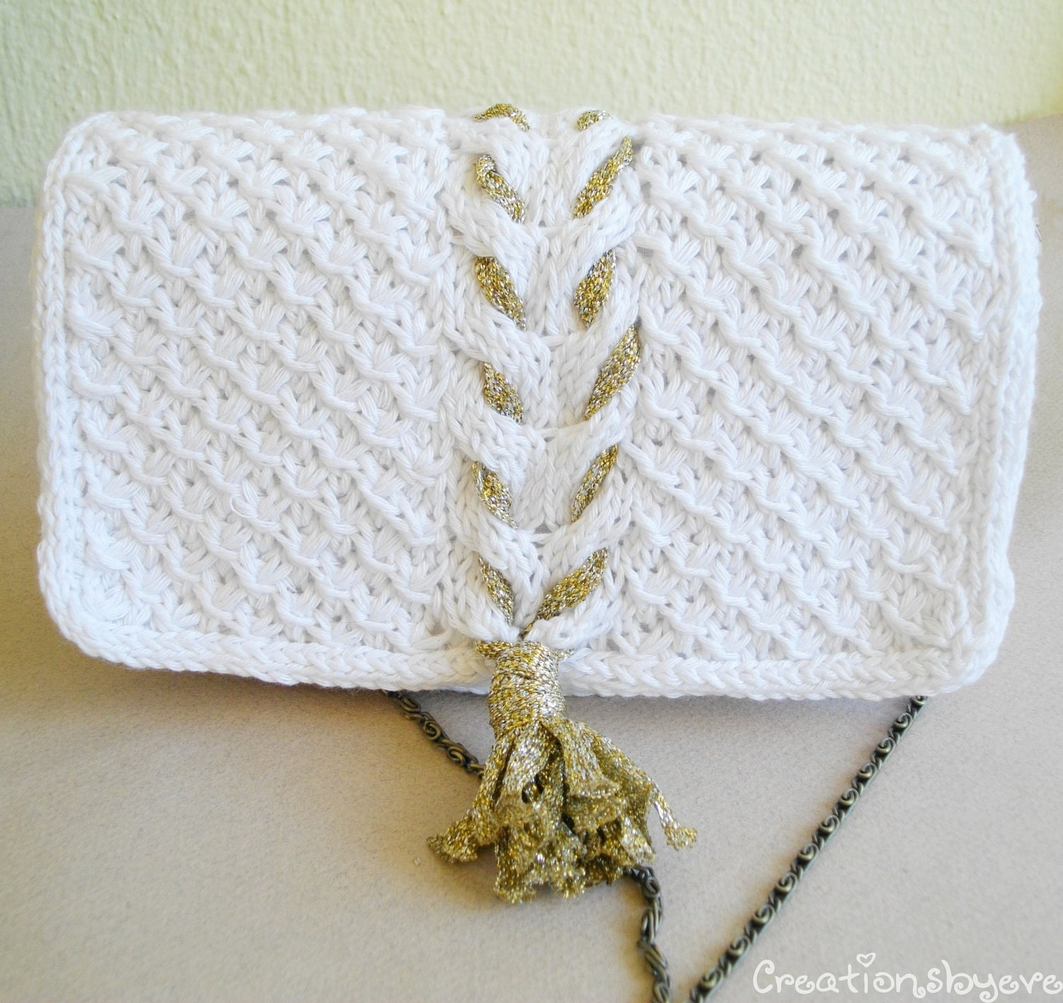 White Knit Clutch With Golden Tassel PDF Pattern Etsy