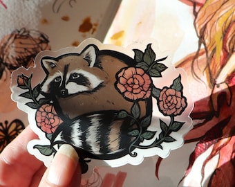 Raccoon Sticker Rose Flowers Raccoons Sticker Art by Lacy Chenault