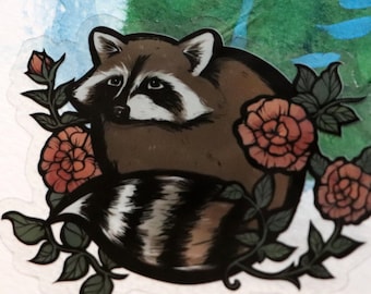 アライグマのステッカー バラの花 アライグマのステッカーアート レイシー・シェノー