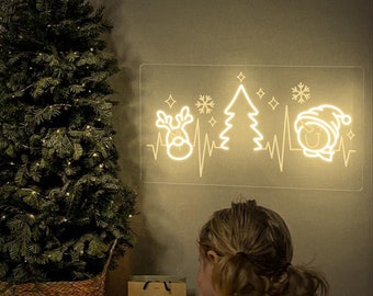 Letrero de neón con latidos navideños, letrero con forma de muñeco de nieve y reno para árbol de Navidad, luz LED navideña, linda decoración navideña para habitación, regalo para niños