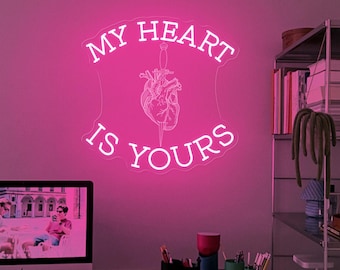 Letrero de neón Mi corazón es tuyo, luz de neón con forma de corazón, letrero de neón de boda gótica personalizado, decoración gótica para el hogar, regalo de romance oscuro, regalo para pareja