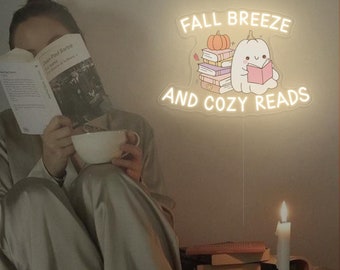 Fall Breeze And Cozy Reads Neon Sign| Cute Trendy Bookish Halloween Pumpkin Decor| Autumn Fall Cozy Readers| Christmas Gift for Book lover