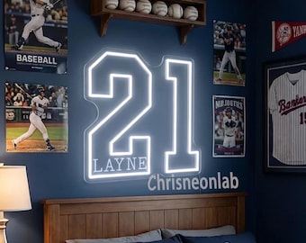 Letrero de neón personalizado con nombre y número deportivo / Letrero personalizado con número de camiseta / Decoración de habitación temática deportiva / Regalo para amantes del baloncesto y el fútbol