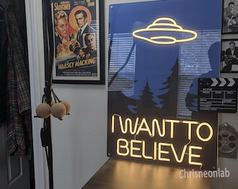 Letrero de neón LED "Quiero creer": Arte mural de ciencia ficción y ovnis