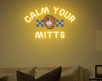 Letrero de neón Calm Your Mitts/Decoración para el día del juego de béisbol/Neón de guante de béisbol/Letrero de béisbol familiar de Sport Mom/Decoración de habitación para la temporada de béisbol de softbol