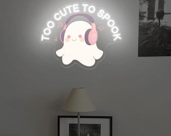 Letrero de neón "Demasiado lindo para asustar" / Lindo fantasma con auriculares / Letrero de fantasma para amantes de la música / Decoración de Halloween Boo / Letrero de pared espeluznante / Regalo para amantes de la música
