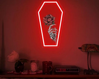 Rose Skeleton Coffin Neon Sign| Gothic Room Decor Sign| Haunted Mansion Dark Art Décor| Spooky Halloween Wedding Décor| Valentine's Day Gift