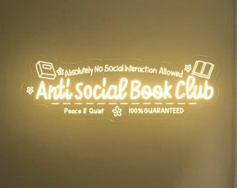 Anti Social Book Club Neon Sign| Introvert Book Club Sign| Bookish Merch Booktrovert Room Decor| Unique Reader Gift| Gift For Book Lover