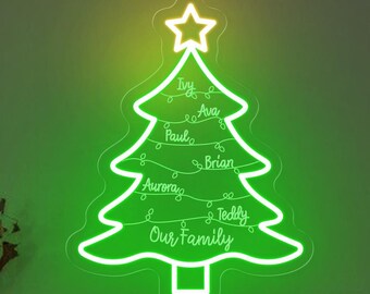 Letrero de neón de árbol de Navidad con nombre de familia personalizado/letrero de árbol de garabatos/luz LED de Feliz Navidad personalizada/decoración de fiesta de Navidad, regalo de Navidad