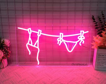 Letrero de neón de bikini / Letrero de playa costera de verano / Arte de pared moderno de chica coco / Decoración de baño / Decoración de lavadero / Estética vaquera minimalista