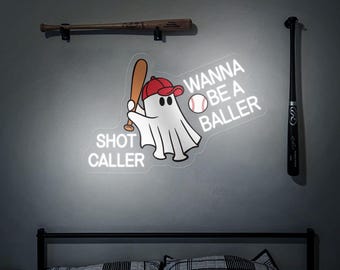 Letrero de neón con la frase "Wanna Be A Baller Shot Caller" / Decoración de fantasmas de béisbol / Diseño con cita de jugador de béisbol / Arte de pared para fanáticos de los deportes / Regalos para amantes del béisbol