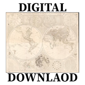 Vintage 1700s World & Celestial Map Digital Download | Antique Astronomy Chart Print | Vintage Science Wall Art | Printable Map Poster