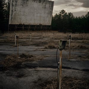 May include: A large, weathered drive-in movie theater screen stands tall against a cloudy sky, overlooking a field of rusted metal speaker posts and dry, patchy grass. The structure features a faded, stained white surface and metal supports.