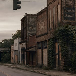 May include: A row of weathered brick buildings along a street with boarded windows and faded advertisements for National Biscuit Company, Uneeda Biscuit, and Coca-Cola. A traffic light hangs above the road under a cloudy, overcast sky.