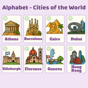 A-Z Cities of the World Printable Flashcards | Educational Alphabet Landmark Cards for Kids | Geography Learning Resource | DIGITAL DOWNLOAD
