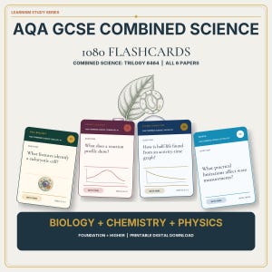 Puede incluir: Un conjunto de tarjetas de estudio AQA GCSE Combined Science sobre biología, química y física. Las tarjetas muestran preguntas sobre células eucariotas, perfiles de reacción, vida media y mediciones de ondas, con ilustraciones de una hoja y célula.