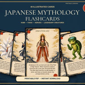 Może przedstawiać: Zestaw 40 kart edukacyjnych z mitologii japońskiej z ilustracjami Amaterasu, Kitsune i Kappa. Karty zawierają szczegółowe grafiki, tekst opisowy, kremowe tło z niebieskimi wzorami fal oraz czerwone akcenty w kształcie kół.