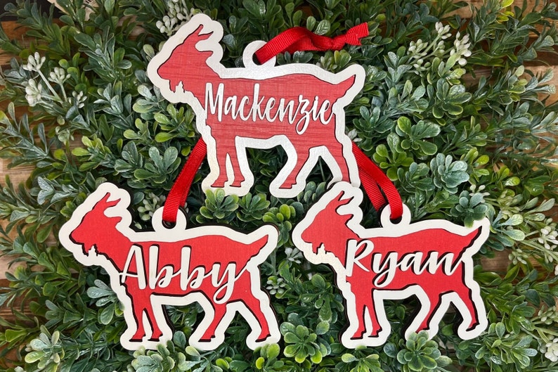 Personalized Goat Ornament Christmas Tree Worcester, Farm, Wooden image 1