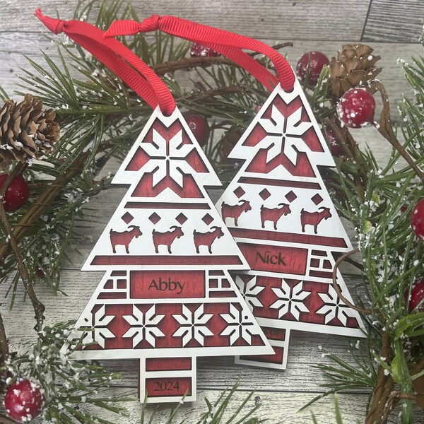 NEW! Personalized Christmas Tree Ornament with goat cutouts- Worcester, Farm, Wooden