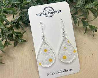 Daisy Lovers Teardrop, Round, Ruffle Shaped Earring - Dangle Fun Statement Earrings for Daisy and Flower Lovers