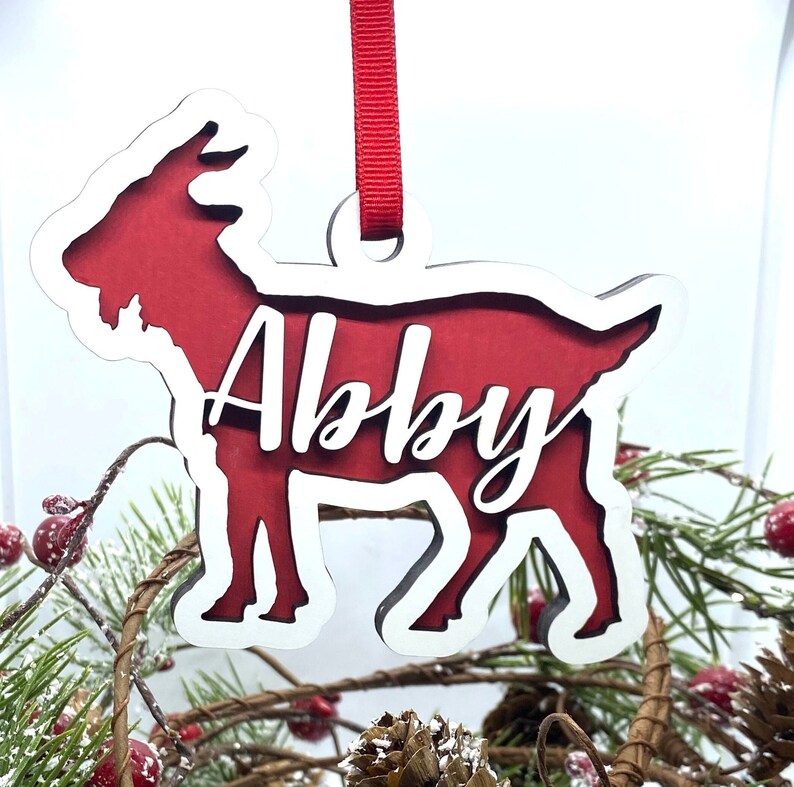 Personalized Goat Ornament Christmas Tree Worcester, Farm, Wooden image 2
