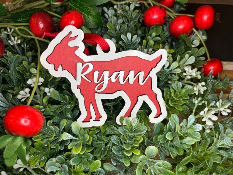 Personalized Goat Ornament Christmas Tree Worcester, Farm, Wooden image 5