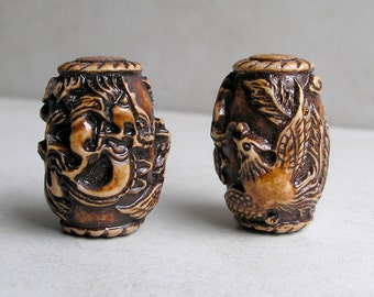Carved Baked Coral Dragon Phoenix Bead, Tibetan Ethnic Focal Bead For Jewelry Making
