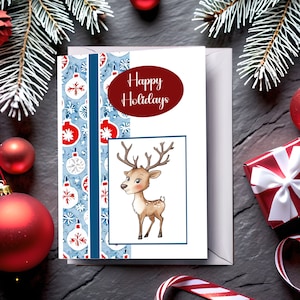 Digitale kerstkaartsjabloon, afdrukbare wenskaart met feestelijk kerstrendierontwerp, direct downloaden